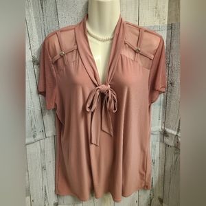 Liz McCoy Tie-Front Top with Sheer Top/Sleeves, Size 1X